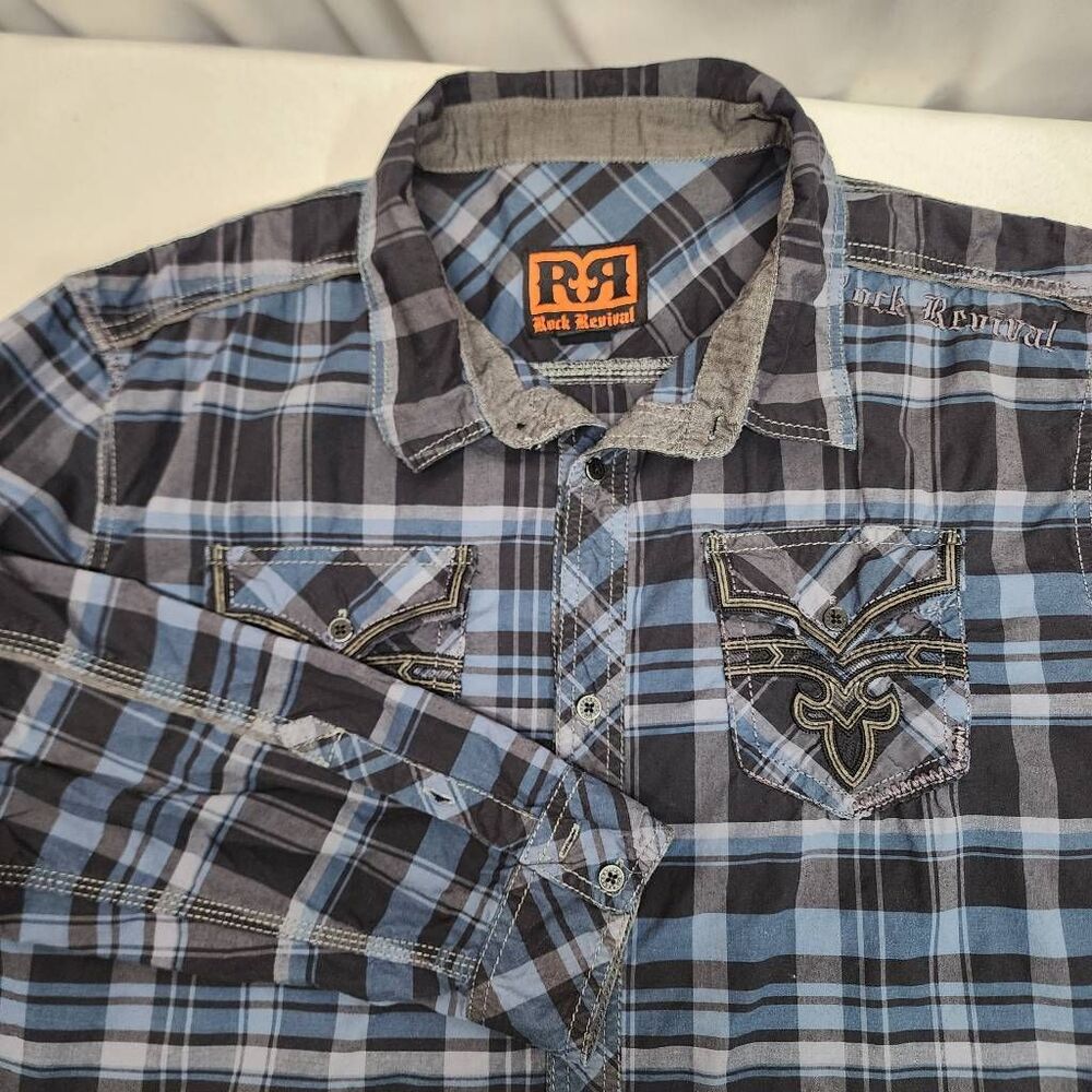 Rock Revival Plaid Button Up Shirt Men's XXL Blue Gray Embroidered Cotton - Picture 7 of 9